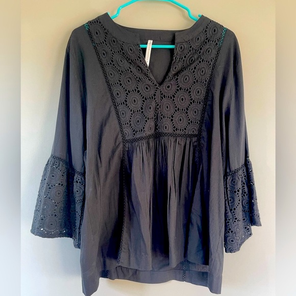 RockFlowerPaper Tops - Women's Peasant Blouse with crochet bell sleeve Size L